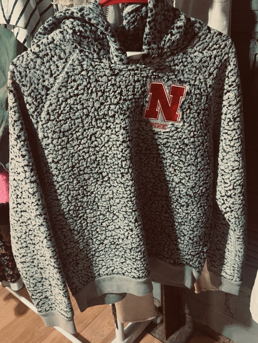 PINK Victoria's Secret Gray Sherpa Hoodie with Red 'N' Patch